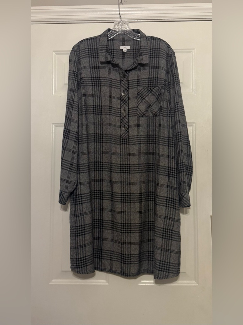 J. Jill Size Large Black & Gray Plaid Tencel Adjustable Long-Sleeve Shirt Dress